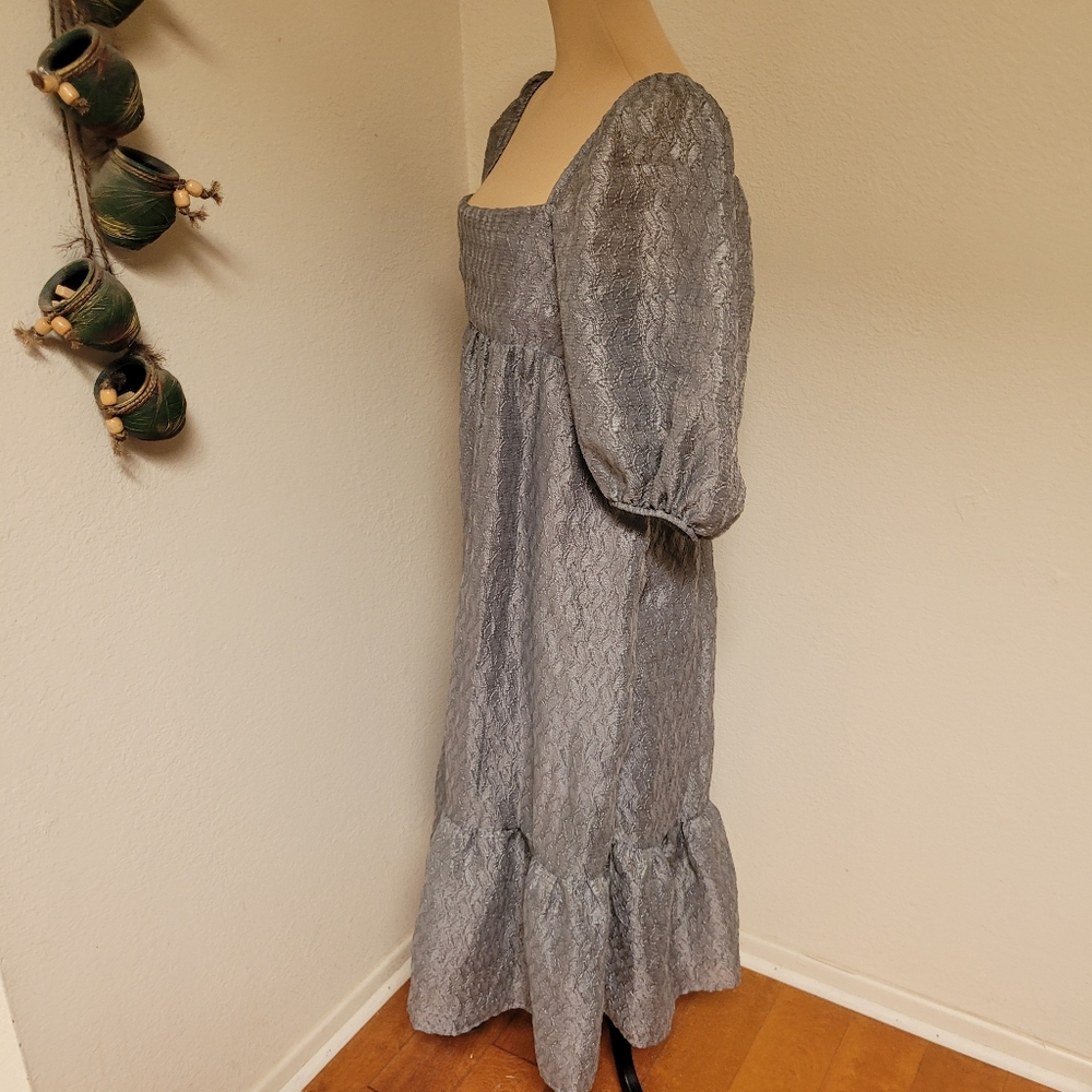 By Anthropologie Elegant Silver Textured Puff Sleeve Dress - Picture 5 of 7